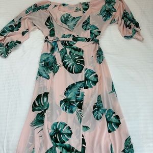 Dress Forum Pink & Green Palm Frond Leaf Print Wrap Dress M